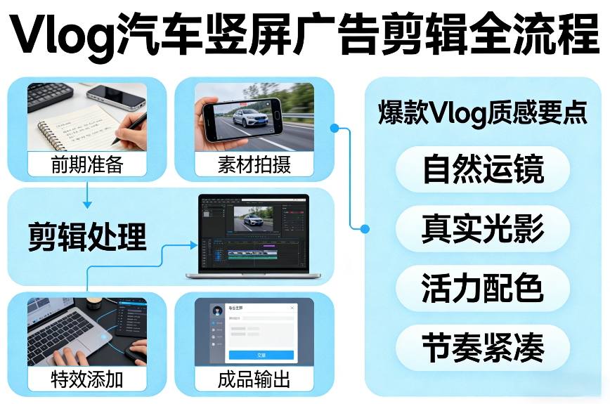 Vlog感觉汽车竖屏广告剪辑脚本全流程，拿捏爆款Vlog质感-小艾项目网