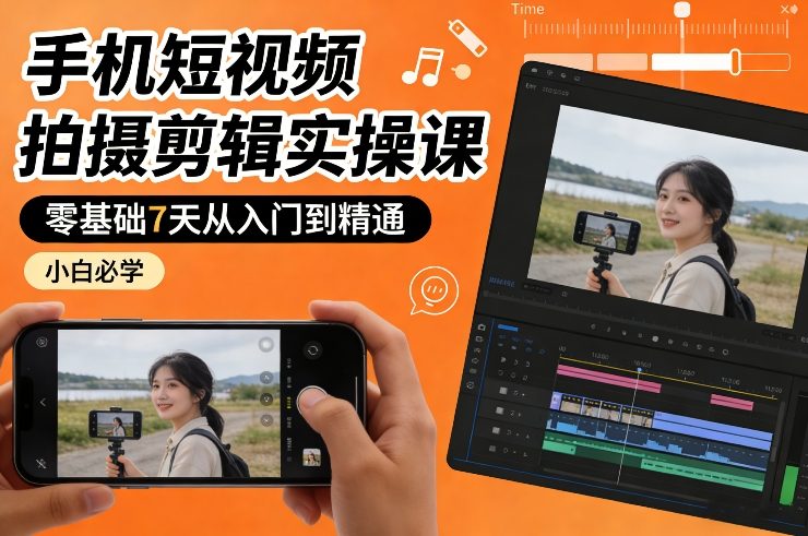 手机短视频拍摄剪辑实操课，零基础7天从入门到精通，小白必学-小艾项目网