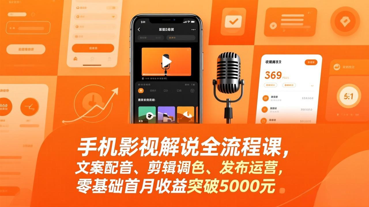 手机影视解说全流程课，文案配音、剪辑调色、发布运营，零基础首月收益突破5000元-小艾项目网