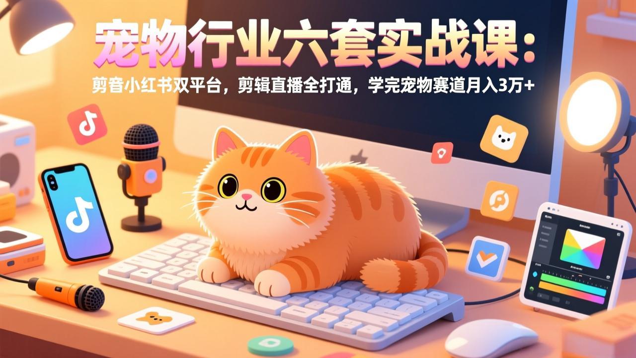 宠物行业六套实战课：抖音小红书双平台，剪辑直播全打通，学完宠物赛道月入3万+-小艾项目网