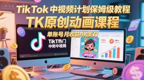 TikTok中视频计划保姆级教程，TK原创动画课程，单账号月收益4k美刀-小艾项目网