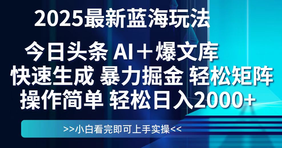 今日头条2025最新蓝海玩法，思路简单，复制粘贴，轻松实现矩阵日入2000+-小艾项目网