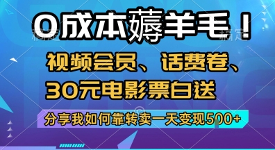 0成本薅羊毛!视频会员、话费卷、30元电影票白送，分享我如何靠转卖一天变现5张+【揭秘】-小艾项目网