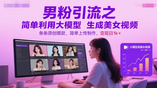 男粉引流之简单利用大模型生成美女视频，条条原创爆款，简单上传制作，变现日1k+-小艾项目网