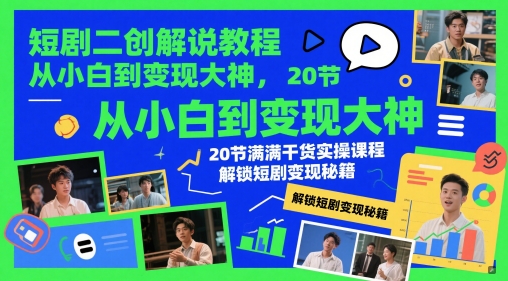 短剧二创解说教程，从小白到变现大神，20节满满干货实操课程，解锁短剧变现秘籍-小艾项目网