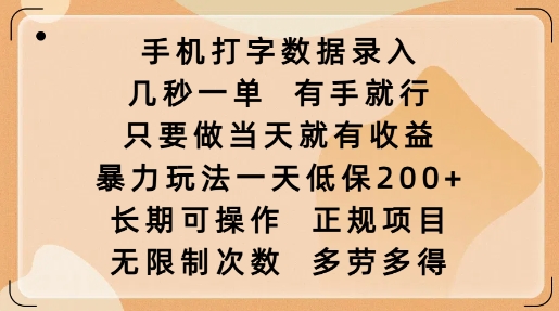 手机打字数据录入，几秒一单，有手就行，只要做当天就有收益，暴力玩法一天低保2张-小艾项目网
