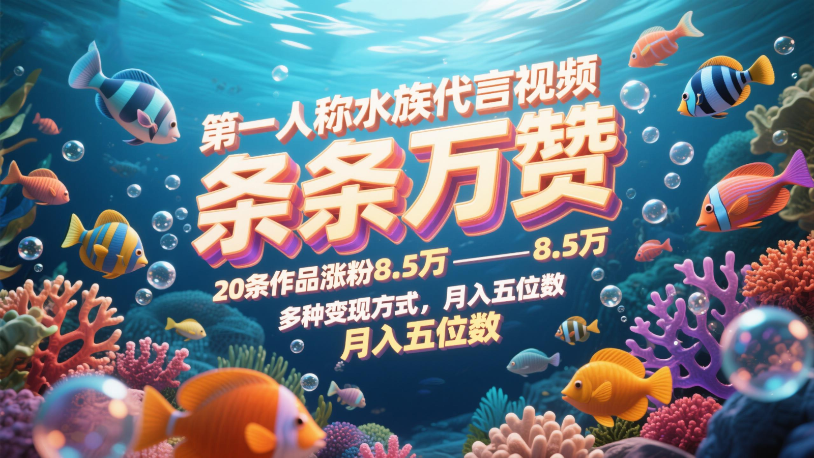 第一人称水族代言视频，条条万赞，20条作品涨粉8.5万，多种变现方式月，入五位数-小艾项目网