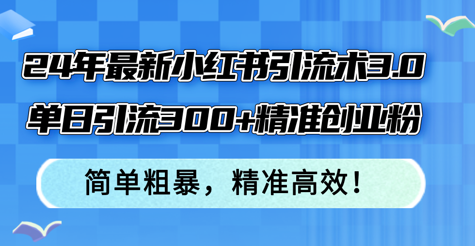 24年最新小红书引流术3.0，单日引流300+精准创业粉，简单粗暴，精准高效！-小艾项目网