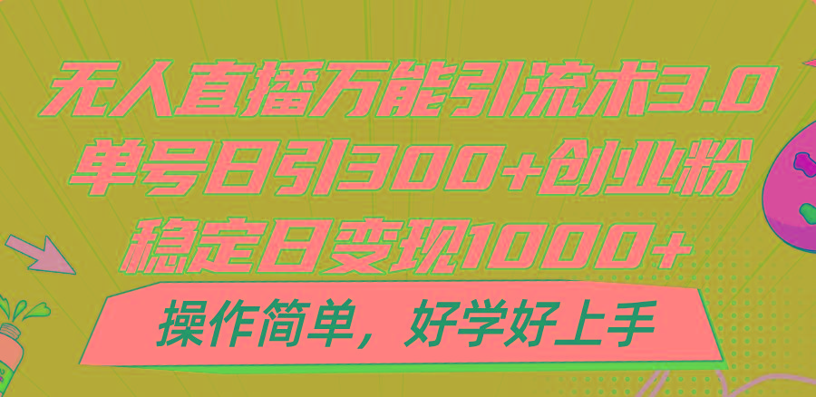 无人直播万能引流术3.0，单号日引300+创业粉，稳定日变现1000+，操作简单-小艾项目网