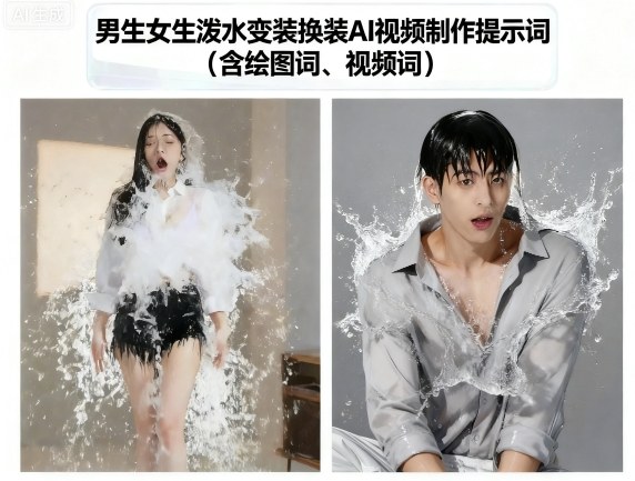 男生女生泼水变装换装AI视频制作提示词(含绘图词、视频词)-小艾项目网