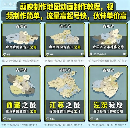 剪映制作地图动画制作教程，视频制作简单，流量高起号快，伙伴单价高-小艾项目网