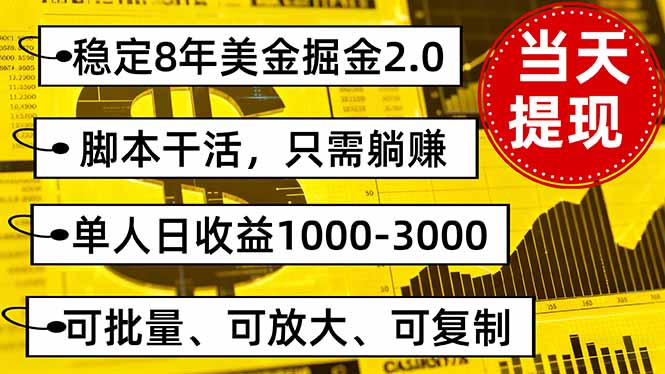 稳定8年美金掘金2.0脚本干活，只需躺赚。单人日收益1000-3000可批量、...-小艾项目网
