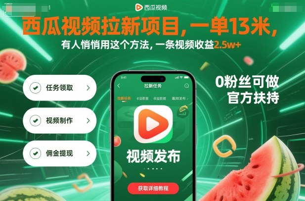 西瓜视频拉新项目，一单13米，有人悄悄用这个方法，一条视频收益2.5w+(附详细教程)-小艾项目网