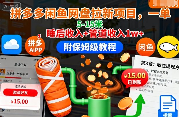 拼多多闲鱼网盘拉新项目，一单5-15米，睡后收入+管道收入1w+(附保姆级教程)-小艾项目网