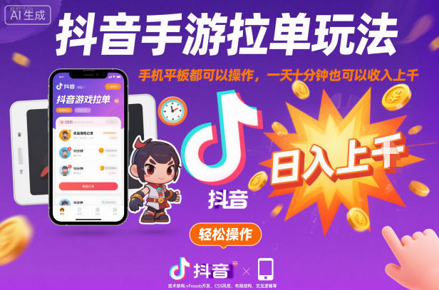 抖音手游拉单玩法，手机平板都可以操作，一天十分钟也可以收入上K【揭秘】-小艾项目网