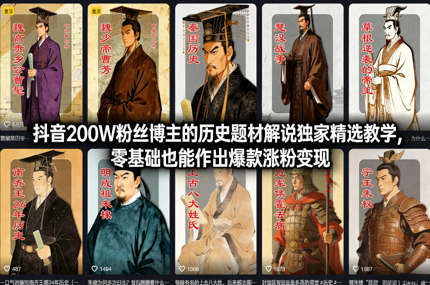 抖音200W粉丝博主的历史题材解说独家精选教学，零基础也能作出爆款涨粉变现-小艾项目网