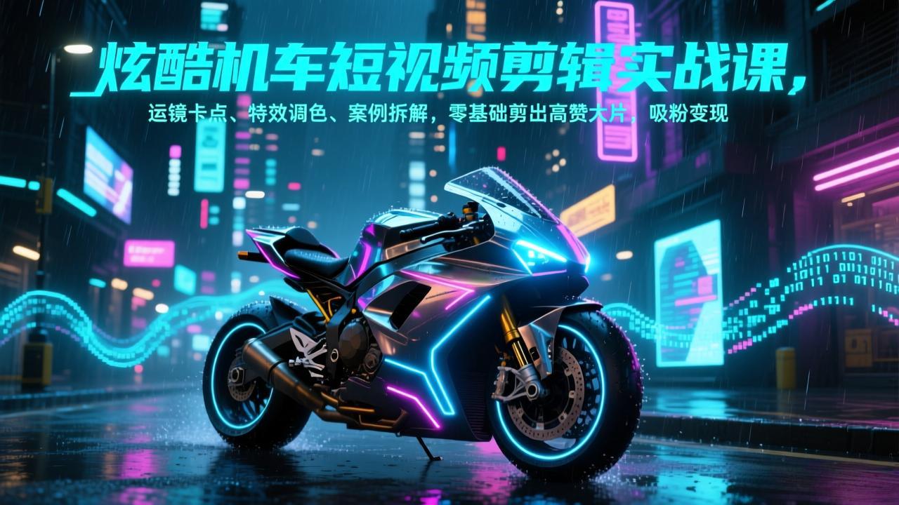 炫酷机车短视频剪辑实战课，运镜卡点、特效调色、案例拆解，零基础剪出高赞大片，吸粉变现-小艾项目网