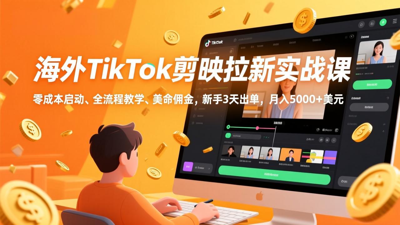海外TikTok剪映拉新实战课，零成本启动、全流程教学、美金佣金，新手3天出单，月入5000+美元-小艾项目网