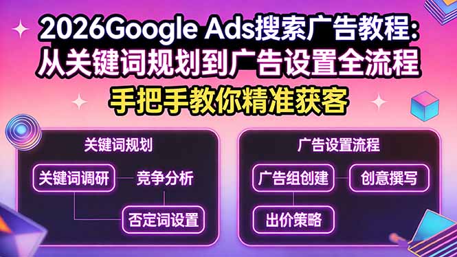 2026Google Ads搜索广告教程：从关键词规划到广告设置全流程，手把手教你精准获客-小艾项目网