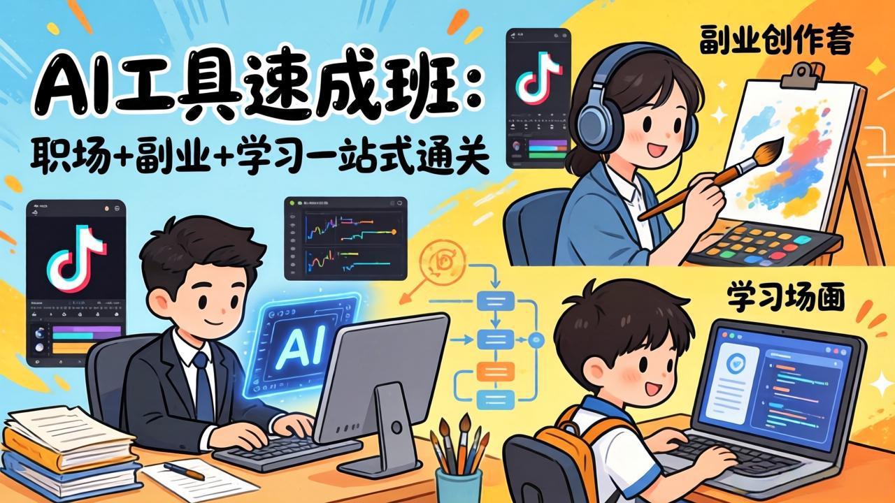AI工具速成班：职场+副业+学习一站式通关，20+爆款类型+剪映技巧+抖音算法，0基础快速上手-小艾项目网
