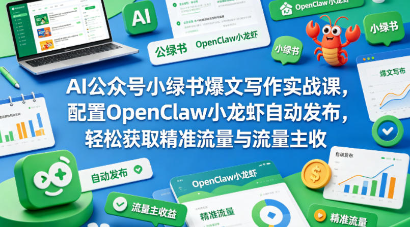 AI公众号小绿书爆文写作实战课，配置OpenClaw小龙虾自动发布，轻松获取精准流量与流量主收益-小艾项目网