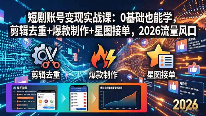 短剧账号变现实战课：0基础也能学，剪辑去重+爆款制作+星图接单，2026流量风口-小艾项目网