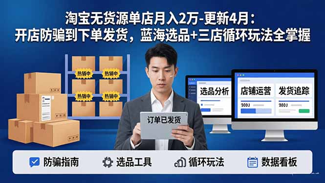 淘宝无货源5.0单店月入2万-更新4月：开店防骗到下单发货，蓝海选品+三店循环玩法全掌握-小艾项目网