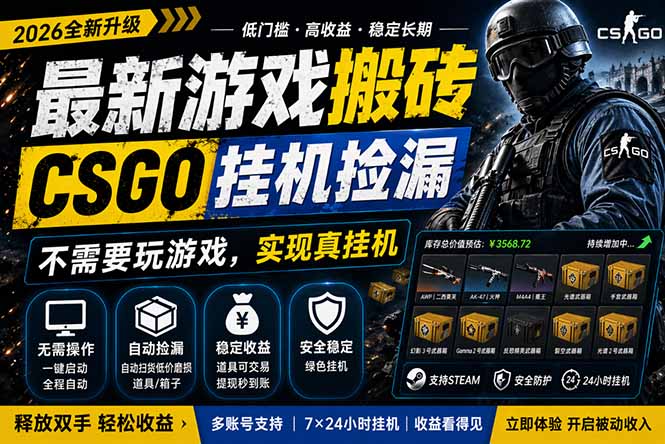 最新游戏搬砖，CSGO纯挂机，不需要玩游戏，实现真挂机，月入1W+，五一小高峰上车可吃肉，...-小艾项目网