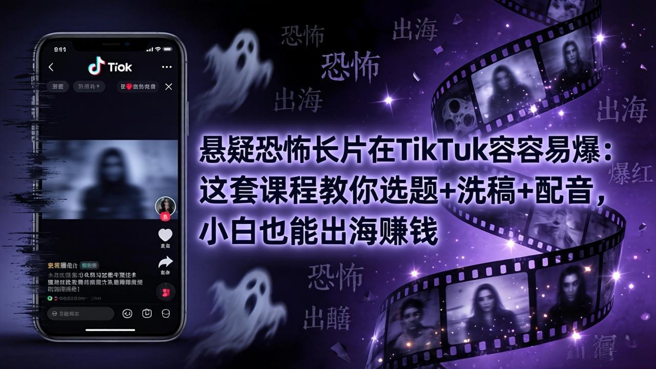 悬疑恐怖长片在TikTok最容易爆：这套课程教你选题+洗稿+配音，小白也能出海赚钱-小艾项目网