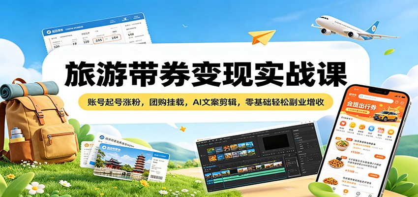 旅游带券变现实战课：账号起号涨粉，团购挂载，AI文案剪辑，零基础轻松副业增收-小艾项目网