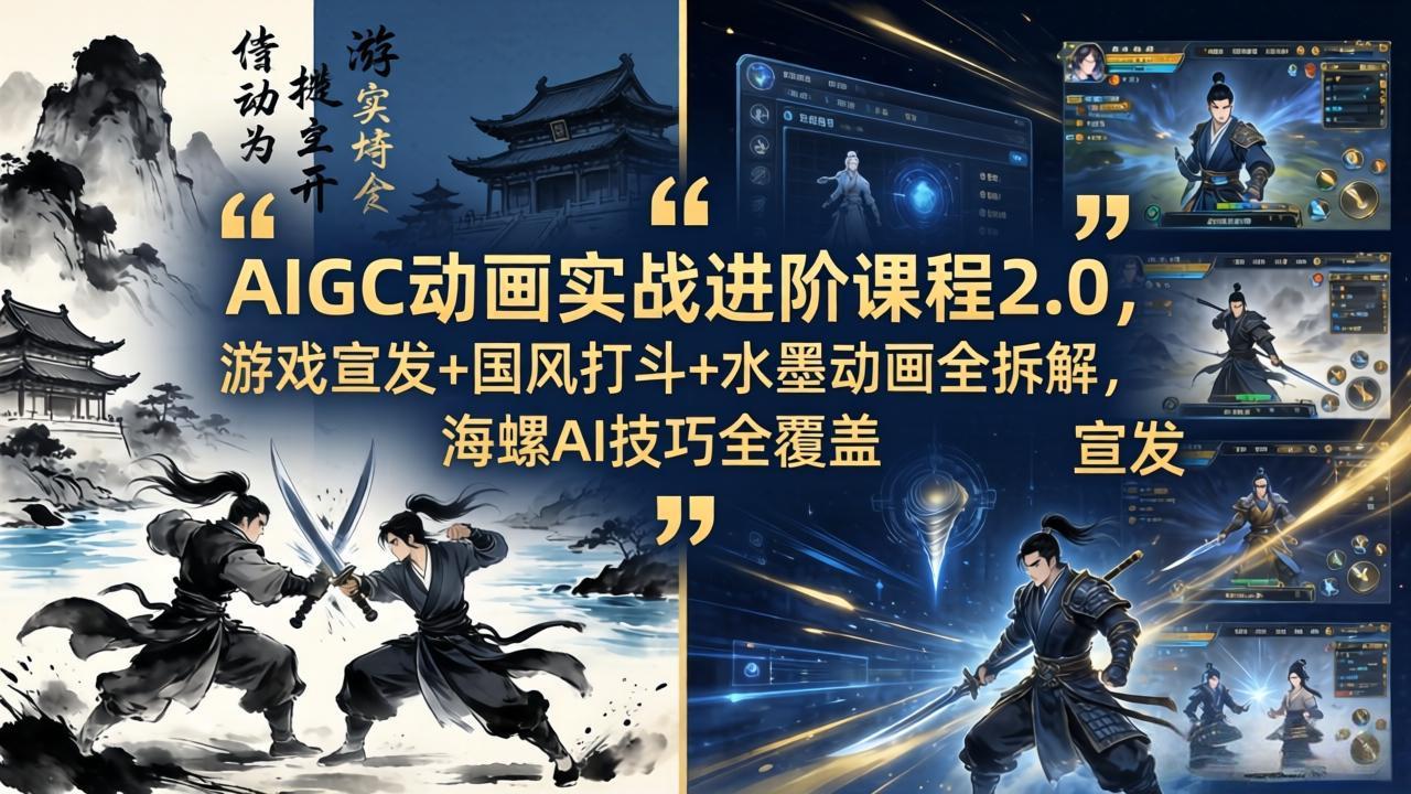 AIGC动画实战进阶课程2.0，游戏宣发+国风打斗+水墨动画全拆解，海螺AI技巧全覆盖-小艾项目网