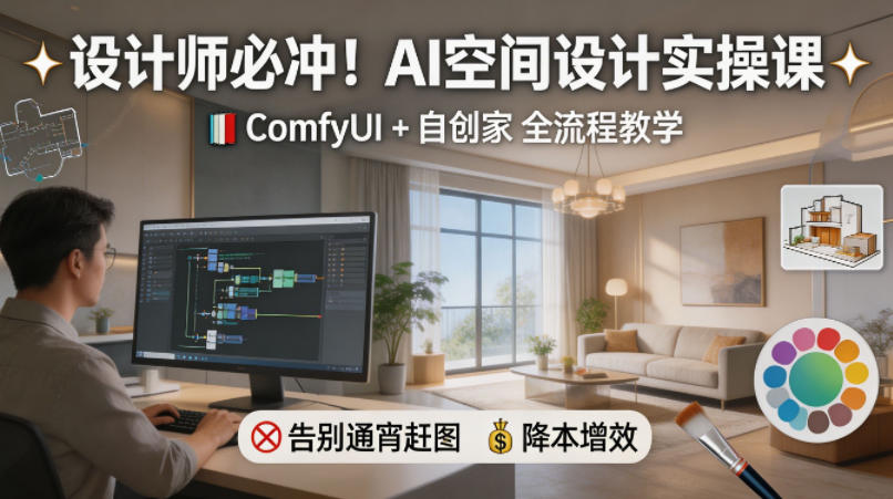 设计师必冲！AI空间设计实操课，ComfyUI+自创家全教学，告别通宵赶图，降本增效-小艾项目网
