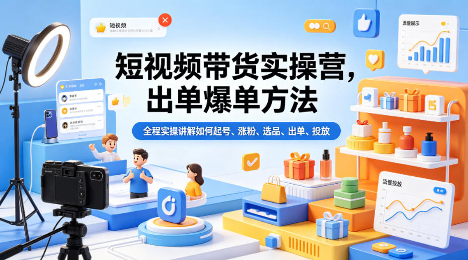 短视频带货实操营，出单爆单方法，全程实操讲解如何起号、涨粉、选品、出单、投放-小艾项目网
