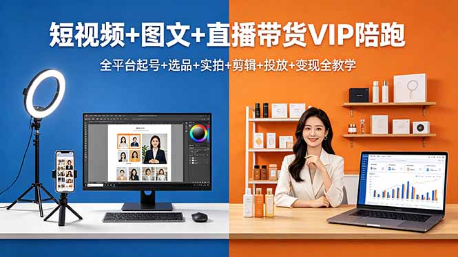 短视频+图文+直播带货VIP陪跑，全平台起号+选品+实拍+剪辑+投放+变现全教学-小艾项目网