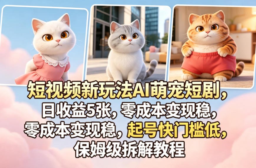 短视频新玩法AI萌宠短剧，日收益5张，零成本变现稳，起号快门槛低，保姆级拆解教程-小艾项目网
