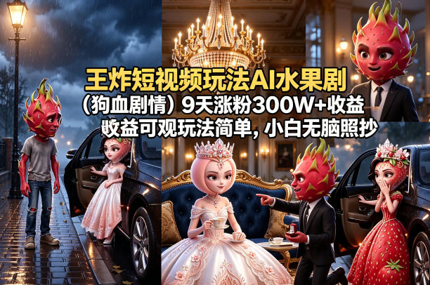 王炸短视频玩法AI水果剧(狗血剧情)9天涨粉300W+收益可观玩法简单，小白无脑照抄，详细拆解玩法-小艾项目网