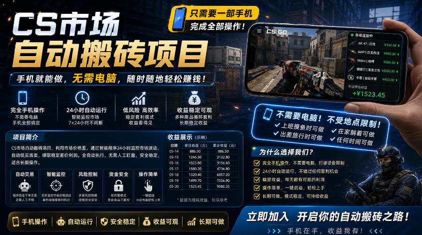 手机即可操作的CS市场自动搬砖系统｜自动监控｜自动下单|日入300+【揭秘】-小艾项目网