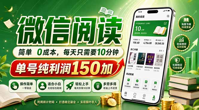 最新微信阅读，每日10分钟，单号利润150+，可批量放大操作，简单0成本-小艾项目网