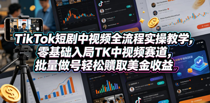 TikTok短剧中视频全流程实操教学,零基础入局TK中视频赛道,批量做号轻松賺取美金收益-小艾项目网