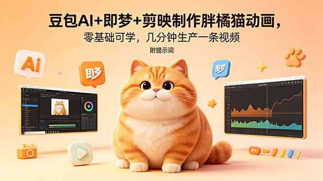 豆包AI+即梦+剪映制作胖橘猫动画,零基础可学,几分钟生产一条视频,附提示词-小艾项目网
