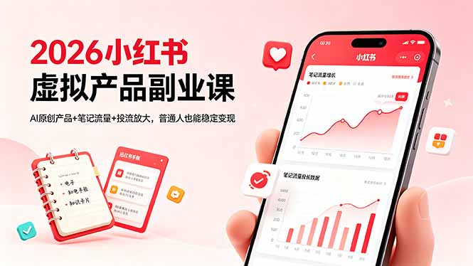 2026小红书虚拟产品副业课，AI原创产品+笔记流量+投流放大，普通人也能稳定变现-小艾项目网