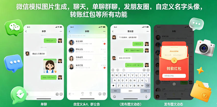 微信模拟图片生成,聊天,单聊群聊,发朋友圈,自定义名字头像,转账红包等所有功能都可以生成-小艾项目网