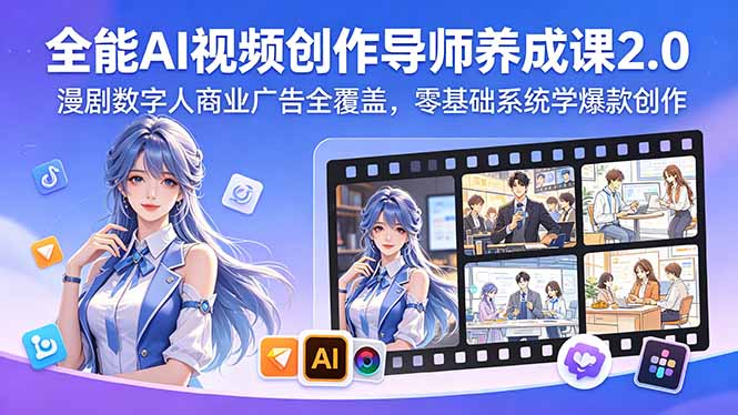 全能AI视频创作导师养成课2.0，漫剧数字人商业广告全覆盖，零基础系统学爆款创作-小艾项目网
