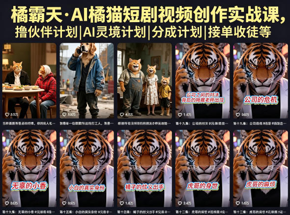橘霸天·AI橘猫短剧视频创作实战课,撸伙伴计划|AI灵境计划|分成计划|接单收徒等-小艾项目网