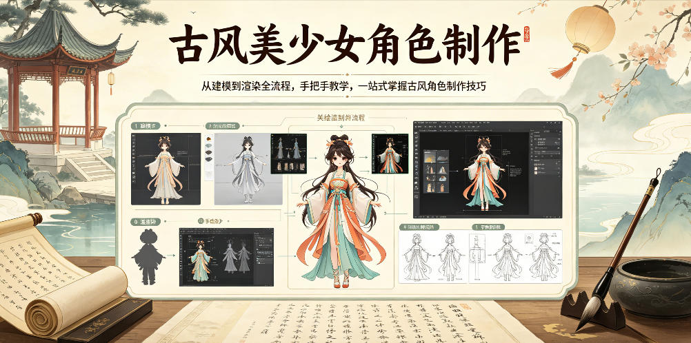 古风美少女角色制作，从建模到渲染全流程，手把手教学，一站式掌握古风角色制作技巧-小艾项目网