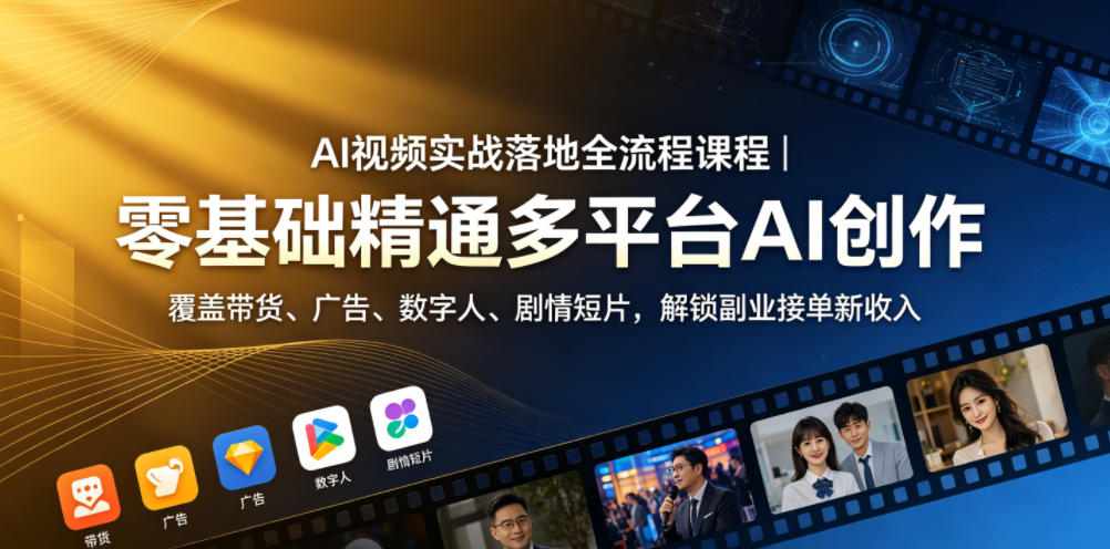 AI视频实战落地全流程课程｜零基础精通多平台AI创作，覆盖带货、广告、数字人、剧情短片，解锁副业接单新收入-小艾项目网