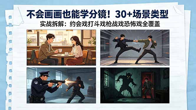 不会画画也能学分镜!30+场景类型实战拆解:约会戏打斗戏枪战戏恐怖戏全覆盖-小艾项目网