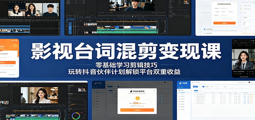 影视台词混剪变现课：零基础学习剪辑技巧，玩转抖音伙伴计划解锁平台双重收益-小艾项目网