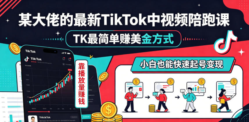 某大佬的最新TikTok中视频陪跑课，TK最简单賺美金方式，靠播放量賺钱，小白也能快速起号变现-小艾项目网