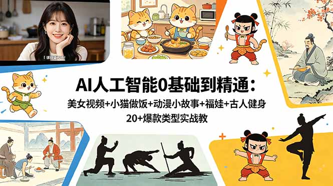 AI人工智能0基础到精通：美女视频+小猫做饭+动漫小故事+福娃+古人健身，20+爆款类型实战教学-小艾项目网